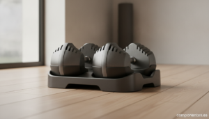 Close-up of a pair of modern adjustable dumbbells resting on a storage tray in a clean home gym corner, dark metal and rub...