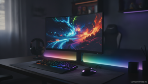 Gaming desk setup with a 27-inch monitor displaying a colorful abstract game scene, RGB accent lighting softly glowing, ke...