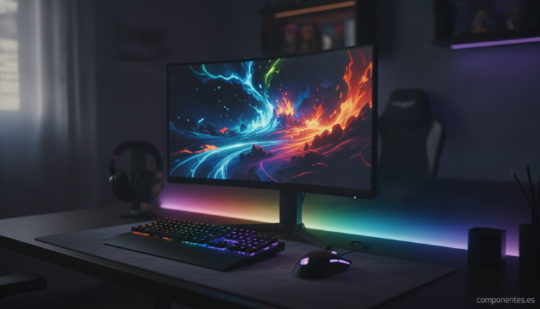 Gaming desk setup with a 27-inch monitor displaying a colorful abstract game scene, RGB accent lighting softly glowing, ke...