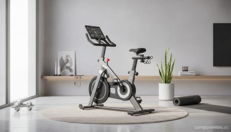 Home gym setup with a stationary exercise bike as the centerpiece. Clean, modern living room or dedicated workout space. M...