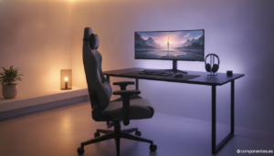 Modern gaming desk setup featuring an ergonomic gaming chair with a high backrest, black and dark gray upholstery, positio...