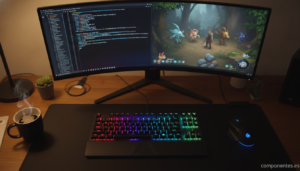 Overhead desk scene with a modern mechanical keyboard, RGB backlighting glowing subtly, next to a gaming mouse and a monit...