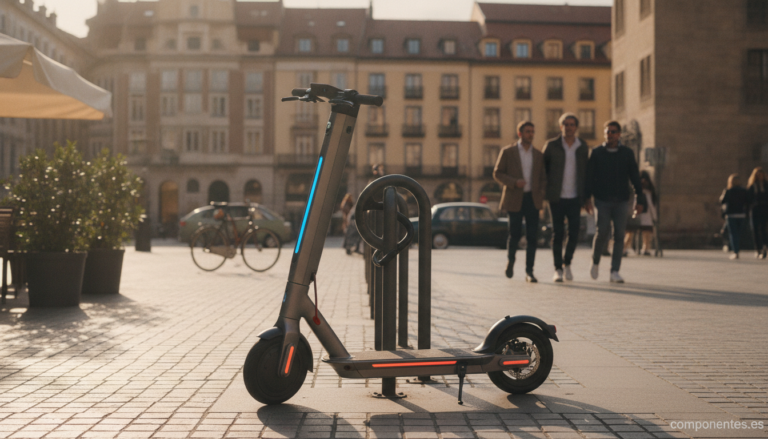 Scene of a modern electric scooter parked on an urban sidewalk in a European city. Clean city background with warm afterno...