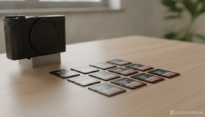 Photography memory cards concept: several SD memory cards arranged neatly on a wooden desk next to a mirrorless camera bod...