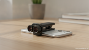 Realistic product photography scene: a small clip-on camera lens attachment being clipped onto the rear camera of a smartp...