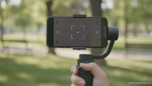 Realistic product photography scene: a smartphone gimbal stabilizer held in a hand, outdoors in a park with soft natural d...