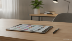 Realistic product photography scene: an Android tablet resting on a wooden desk in a bright home office, screen showing a ...