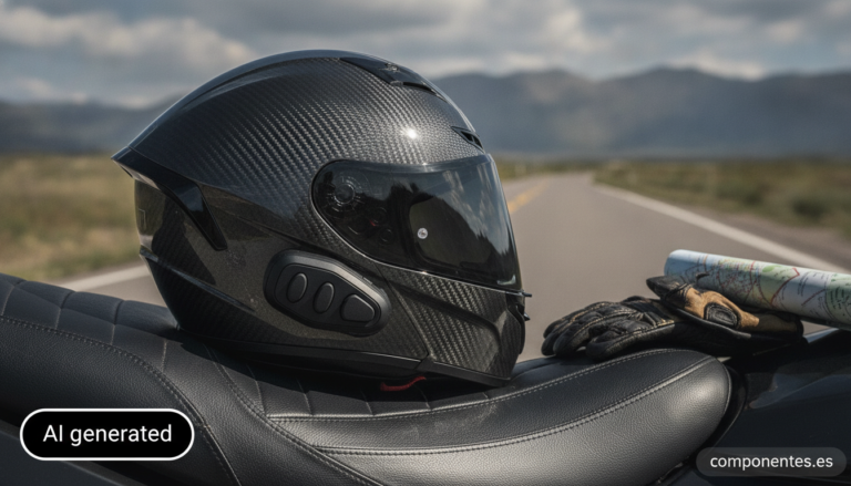 A realistic modern motorcycle helmet with a sleek Bluetooth intercom communication device mounted on the side, resting on ...