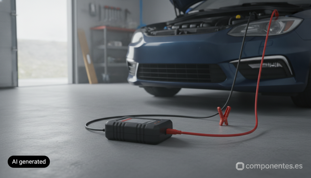 A realistic photo of a car battery maintainer charger device with cables connected to a car battery under an open hood, in...