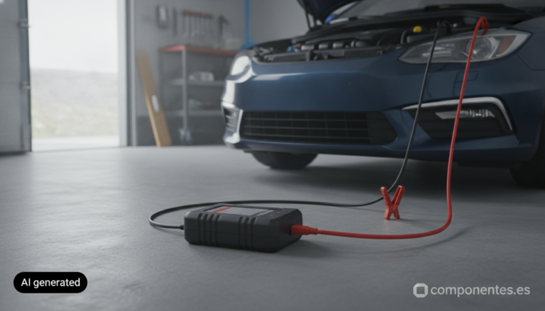 A realistic photo of a car battery maintainer charger device with cables connected to a car battery under an open hood, in...