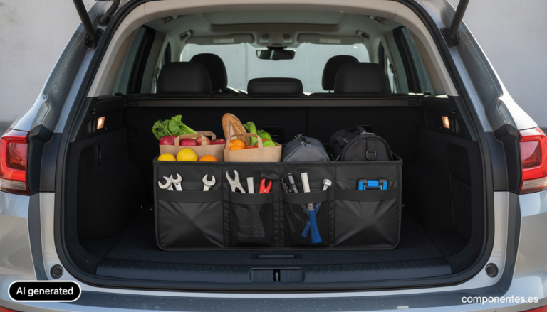 A realistic photo of an open car trunk with a folding fabric storage organizer box neatly holding groceries, tools and bag...
